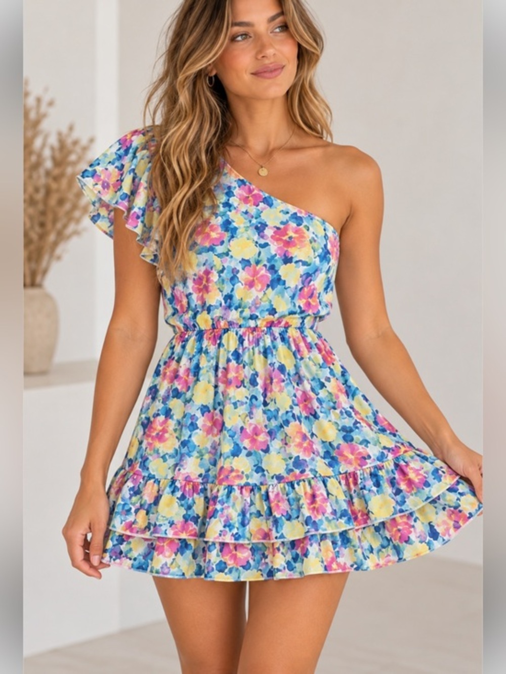 Peach Love Floral One Shoulder Ruffle Mini Dress Size Medium
